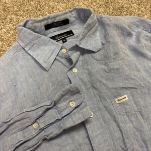 Faconnable Button Down Shirt Mens M Blue 100% Linen Long Sleeve French Design